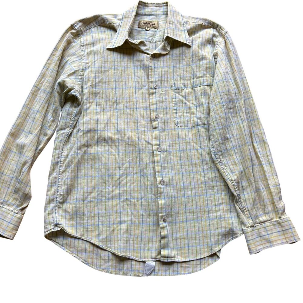 Paul Stuart Size L Yellow Green Plaid 100% Cotton Long Sleeve Button-Down Shirt